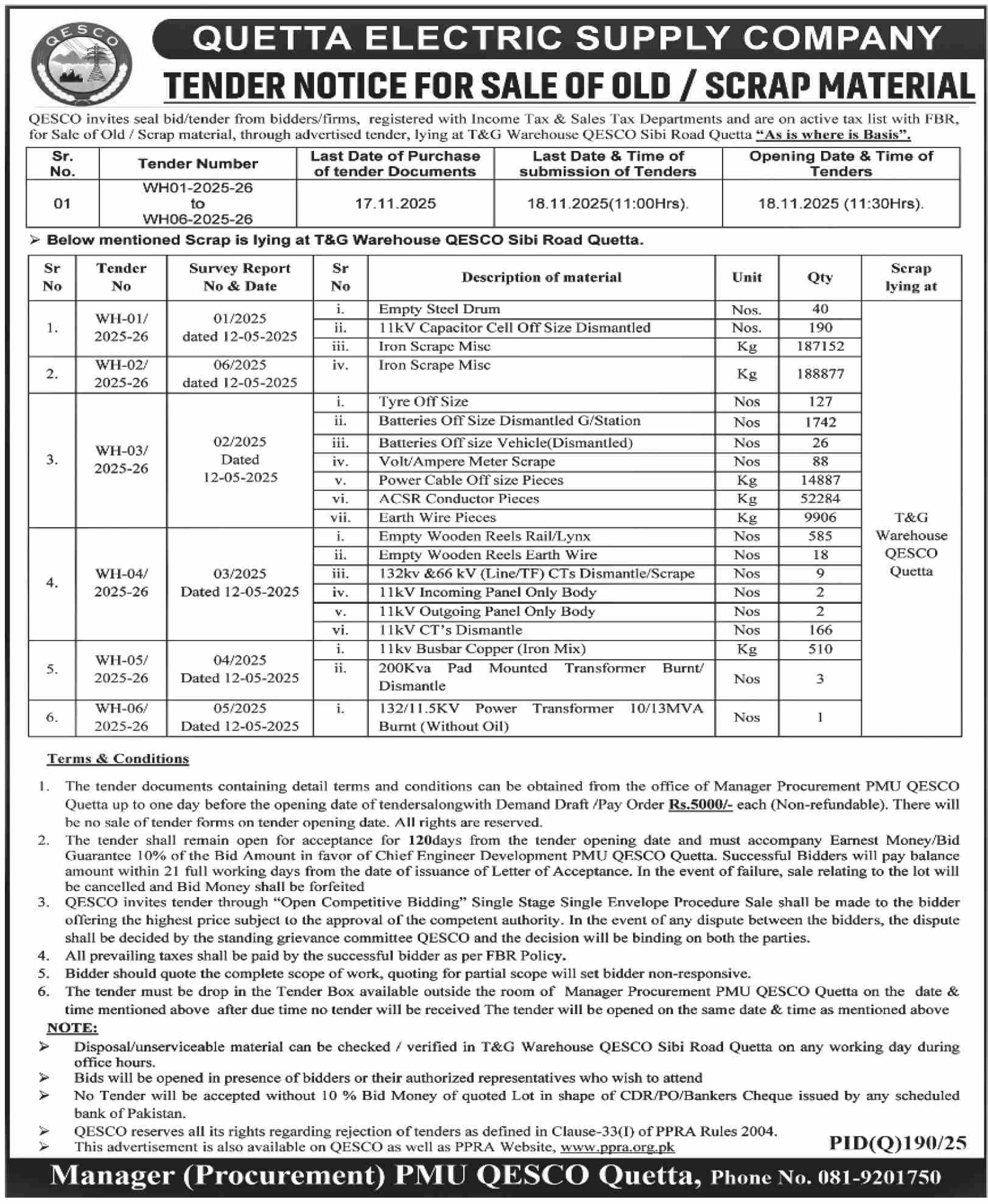 Quetta Electric Supply Company Tender Notice